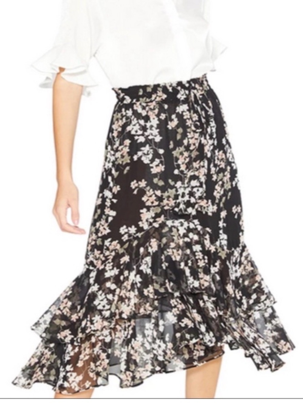Misa Los Angeles Nenna black floral ruffle viscose midi skirt xs x-small